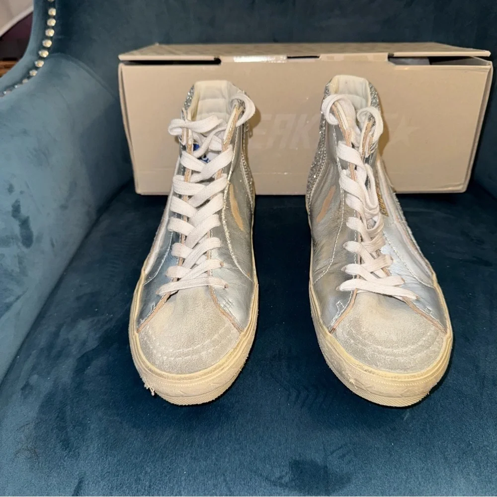 New Size 36 Golden Goose Slide Glitter High Top Sneakers Silver Ice White